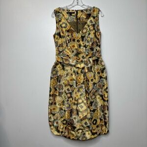 Lafayette 148 NY Abstract Floral Sleeveless Dress Women’s 10 Yellow Belted Midi